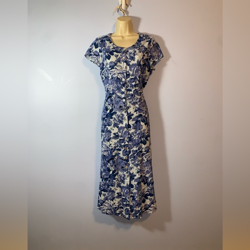 Clues collection Blue Floral Button down short sleeve midi linen blend dress 8P
